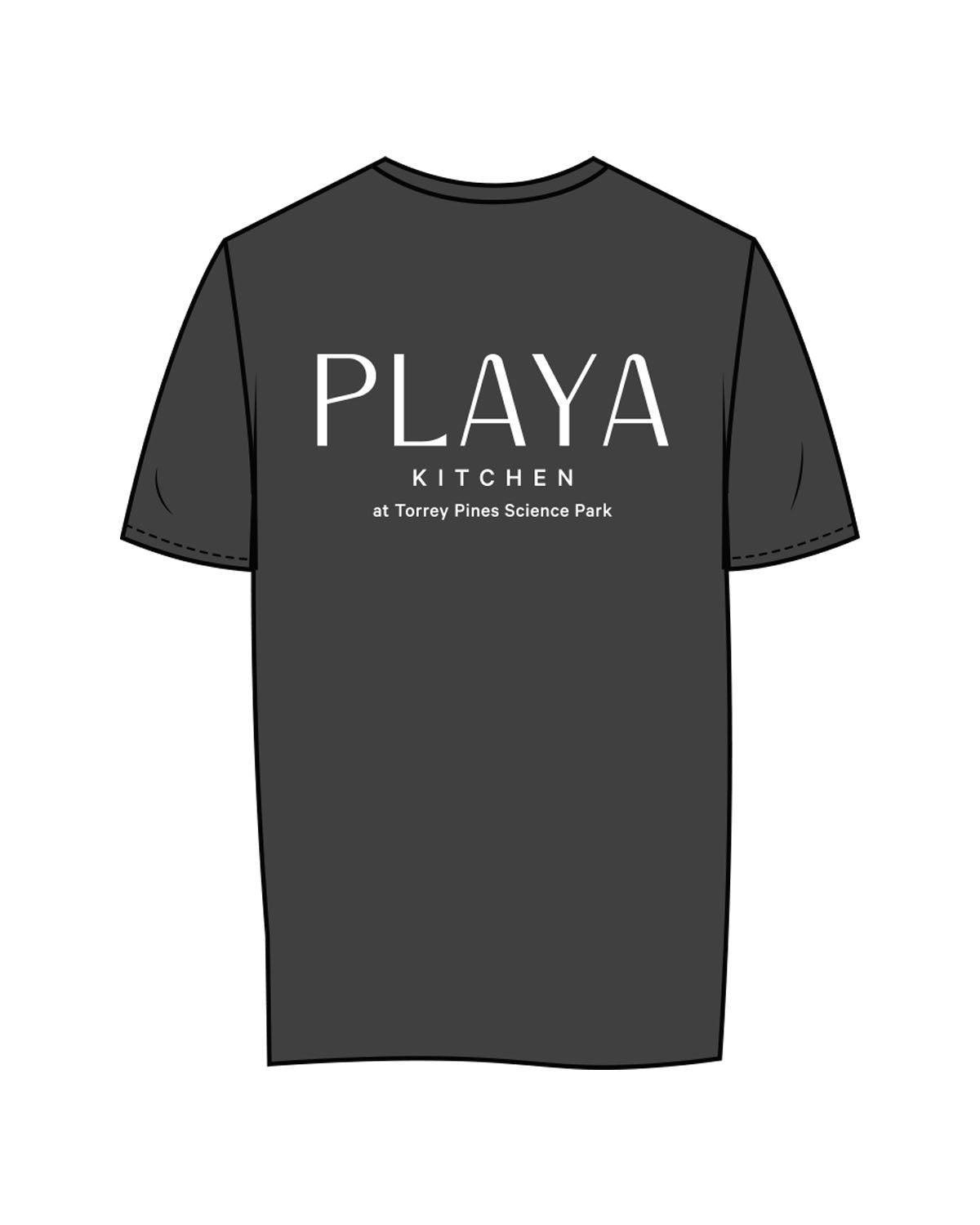 The Womens Tee - Charcoal - Playa Kitchen - Left Chest Stacked & Center Back Stacked - Printed - White