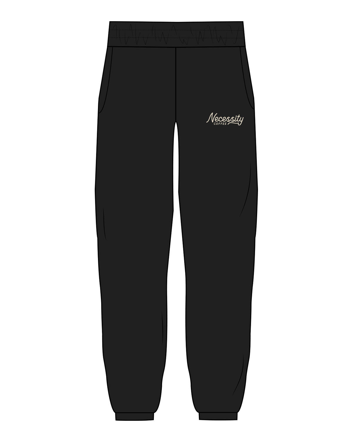 The Womens Sweatpants - Black - Necessity Coffee - Left Leg - Printed - Off White