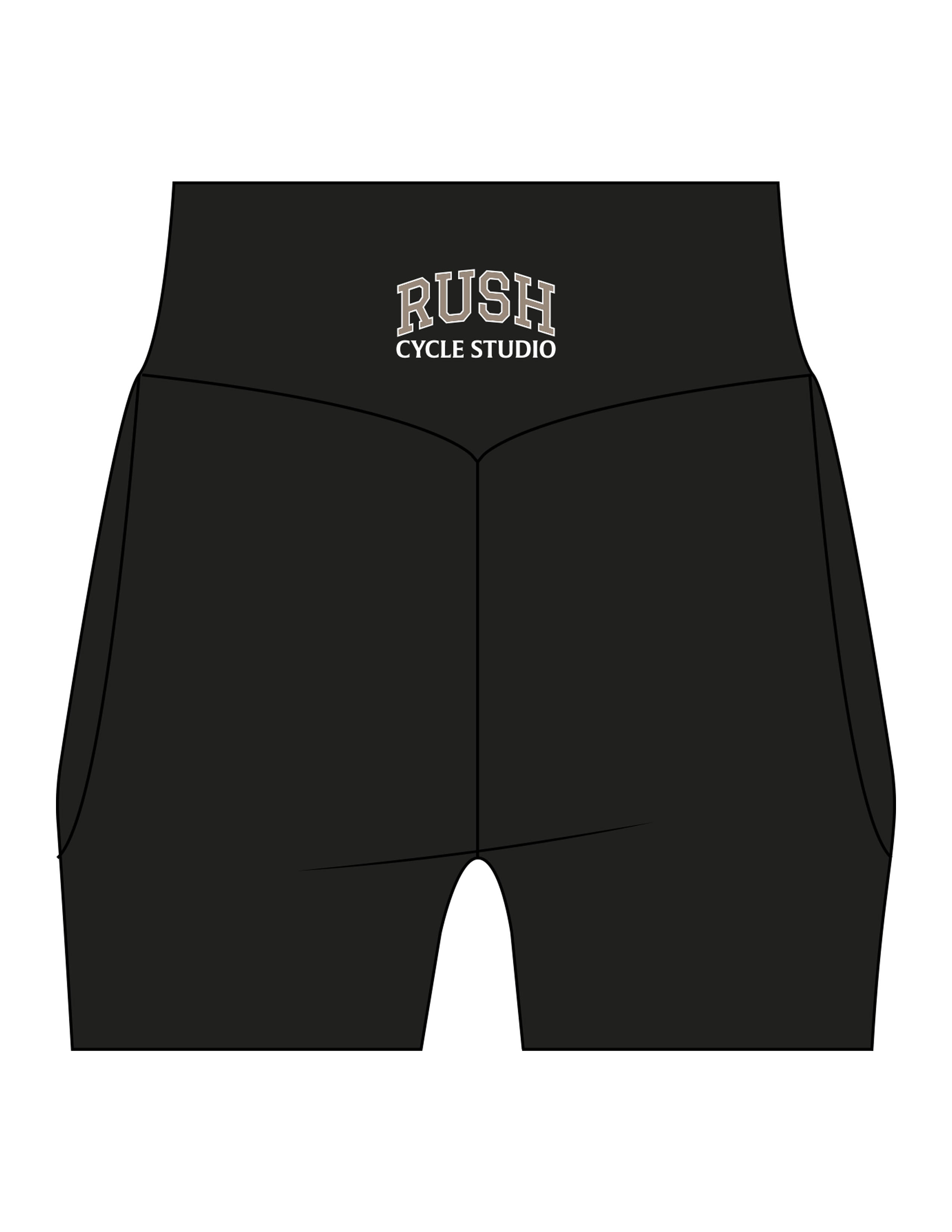 The Womens Sporty Pocket Short - Black - Rush Cycle Studio - Back Waistline Stacked - Printed - Full Color