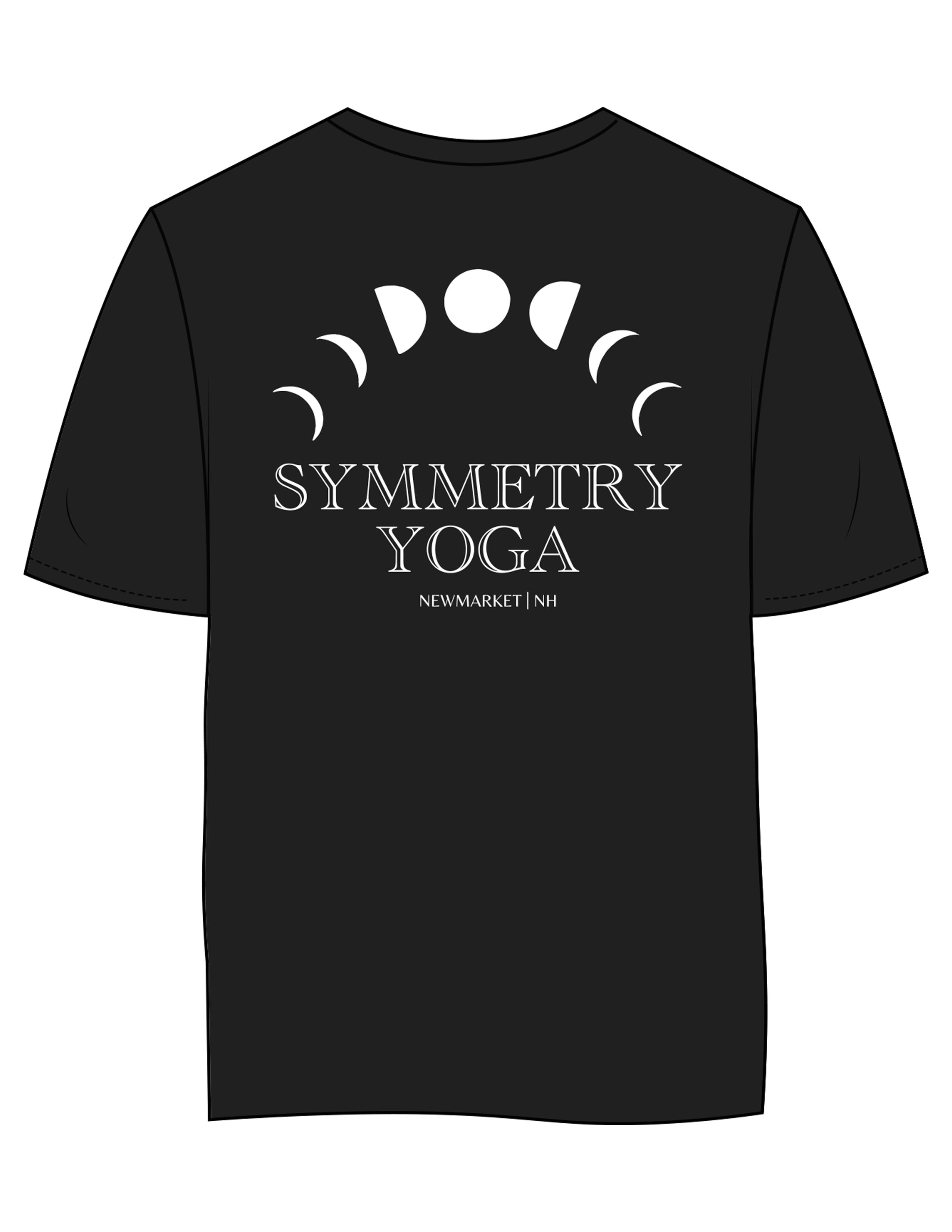 The Womens 7/8th Tee - Black - Symmetry Yoga - Left Chest & Back Stacked - Printed - White