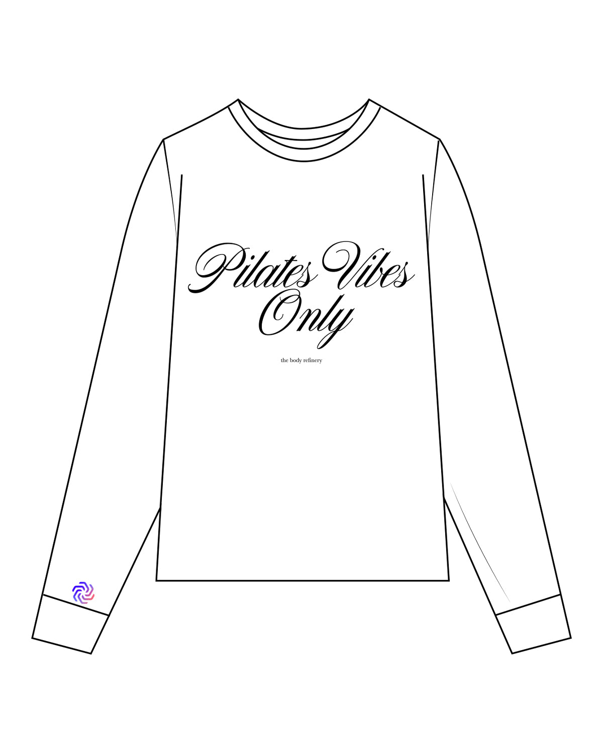 The Womens Long Sleeve - White - The Body Refinery - Center Chest Stacked & Right Arm Round - Black