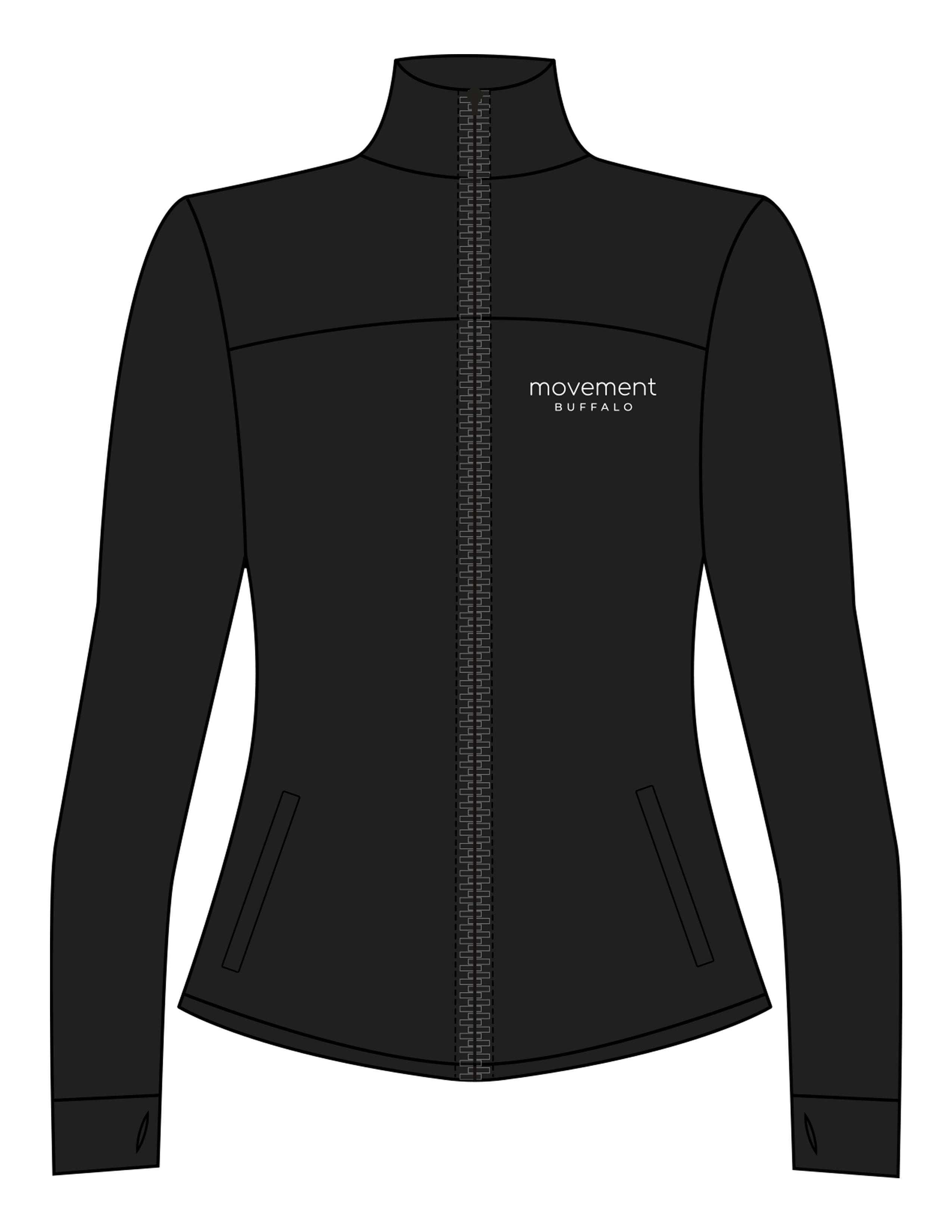 The Womens Zip Jacket - Black - Movement Pilates Buffalo - Left Chest Stacked & Back "INSTRUCTOR ROUND" - Printed - White