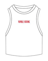 The Ribbed Crop Tank - White - Rumble - Center Chest "RUMBLE BOXING" - Embroidered - Red