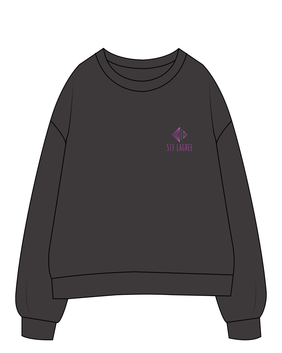 The Womens Crewneck - Washed Black - 513 Lagree - Left Chest Stacked & Center Back Stacked - Printed - Full color