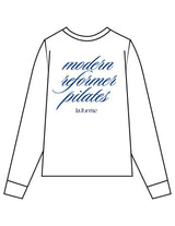 The Womens Oversized Long Sleeve - White - LA FORME PILATES - Right Sleeve & Back Stacked - Printed - Full Color