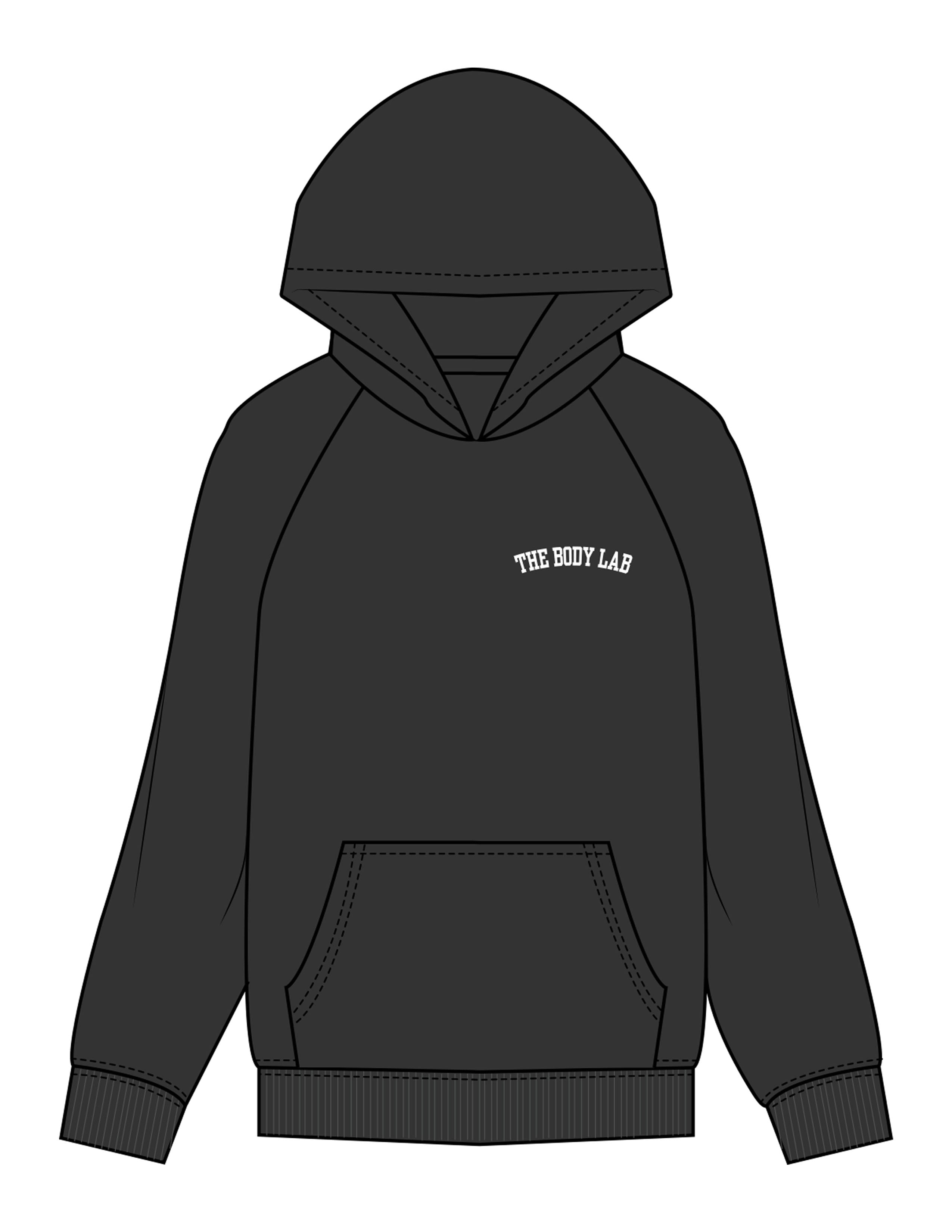 The Womens Hoodie - Washed Black - Body Lab - Left Chest Arc - Embroidered - White