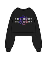 The Womens Crop Crewneck - Black - The Body Refinery - Left Chest Stacked & Back Center Stacked - Full Color