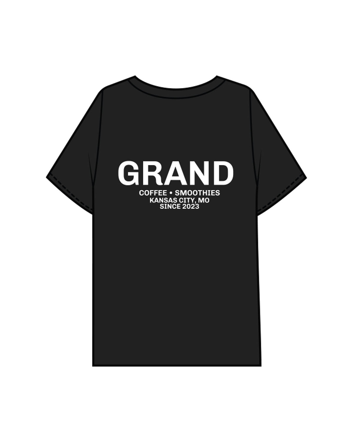 The Mens Boxy Tee - Black - Grand Co - Left Chest & Center Back Stacked " GRAND " - Printed - White