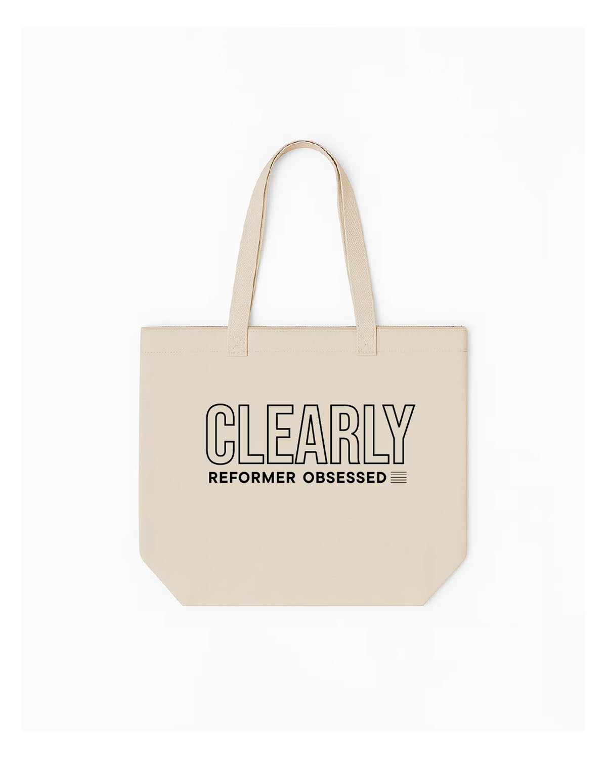 The Tote Bag - Natural - Clearly Pilates - Center Body Stacked Strips after Text - Printed - Black