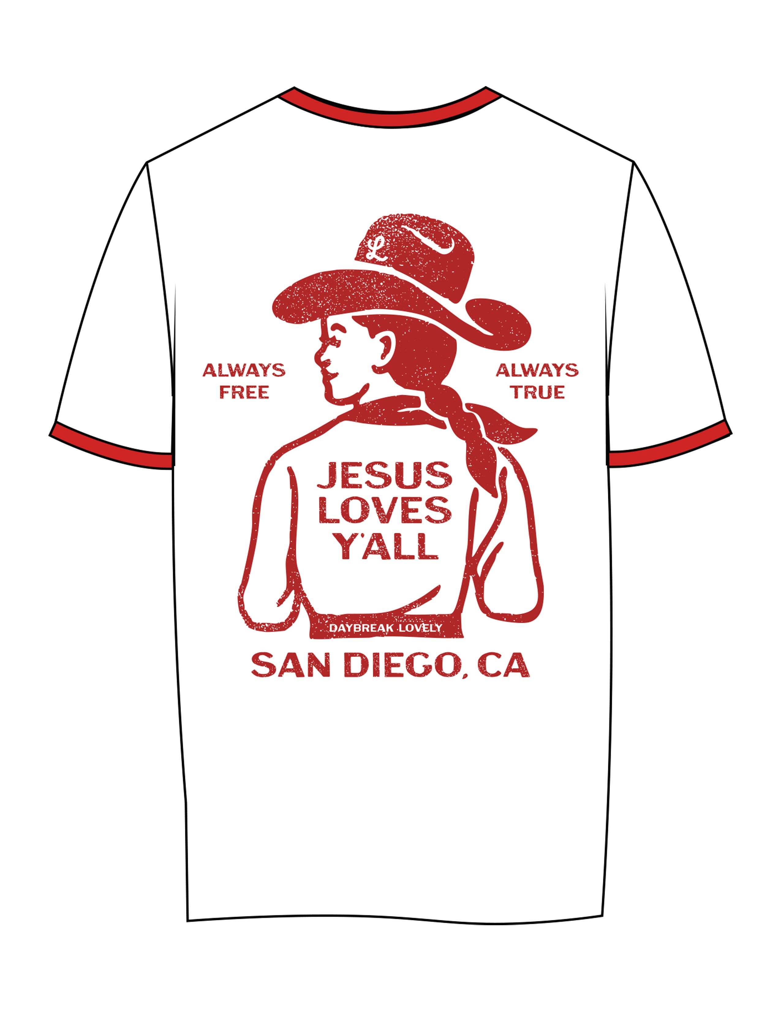 The Womens Ringer Tee - White / Red - Daybreak Church - Center Chest & Full Back - Printed - Red
