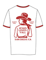 The Womens Ringer Tee - White / Red - Daybreak Church - Center Chest & Full Back - Printed - Red