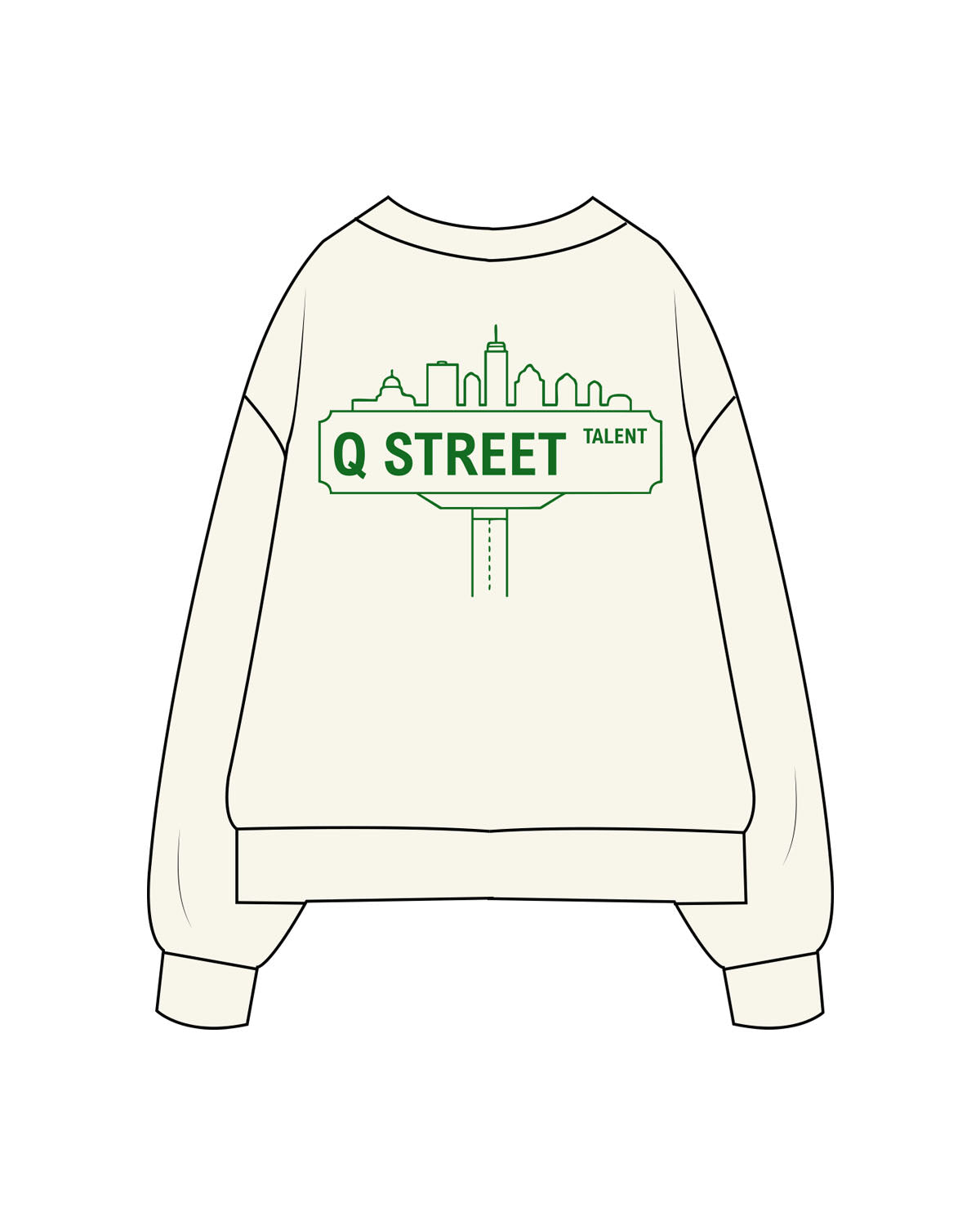 The Mens Heavyweight Crewneck - Off White - Q Street - Center Chest & Center Back Logo - Printed - Green