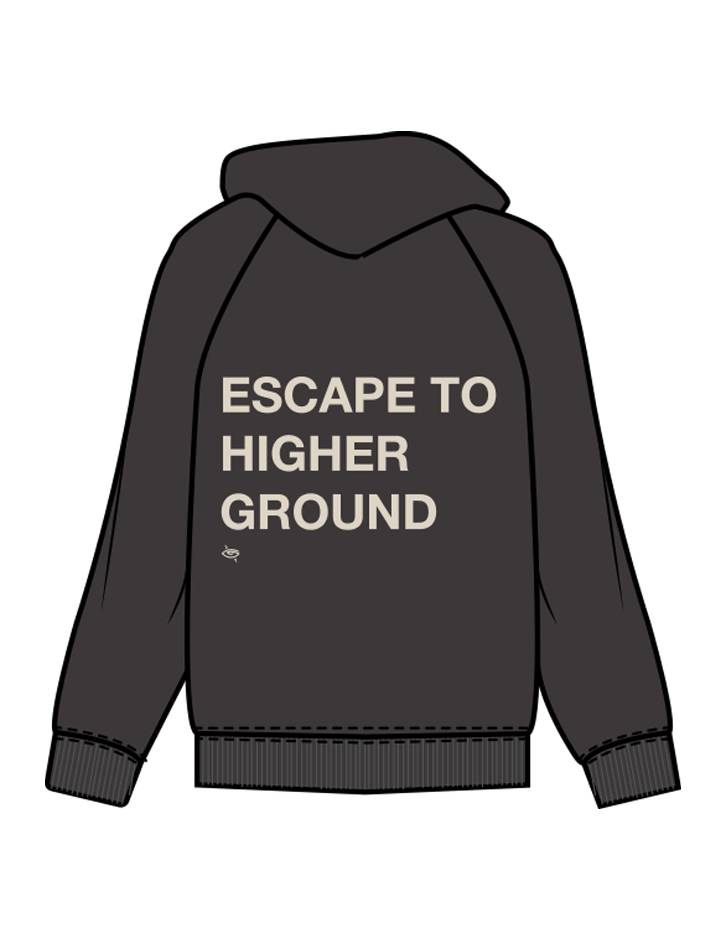 The Womens Hoodie - Washed Black - Higher Ground - Center Chest & Back Stacked - Printed - Off White