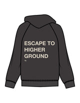 The Womens Hoodie - Washed Black - Higher Ground - Center Chest & Back Stacked - Printed - Off White