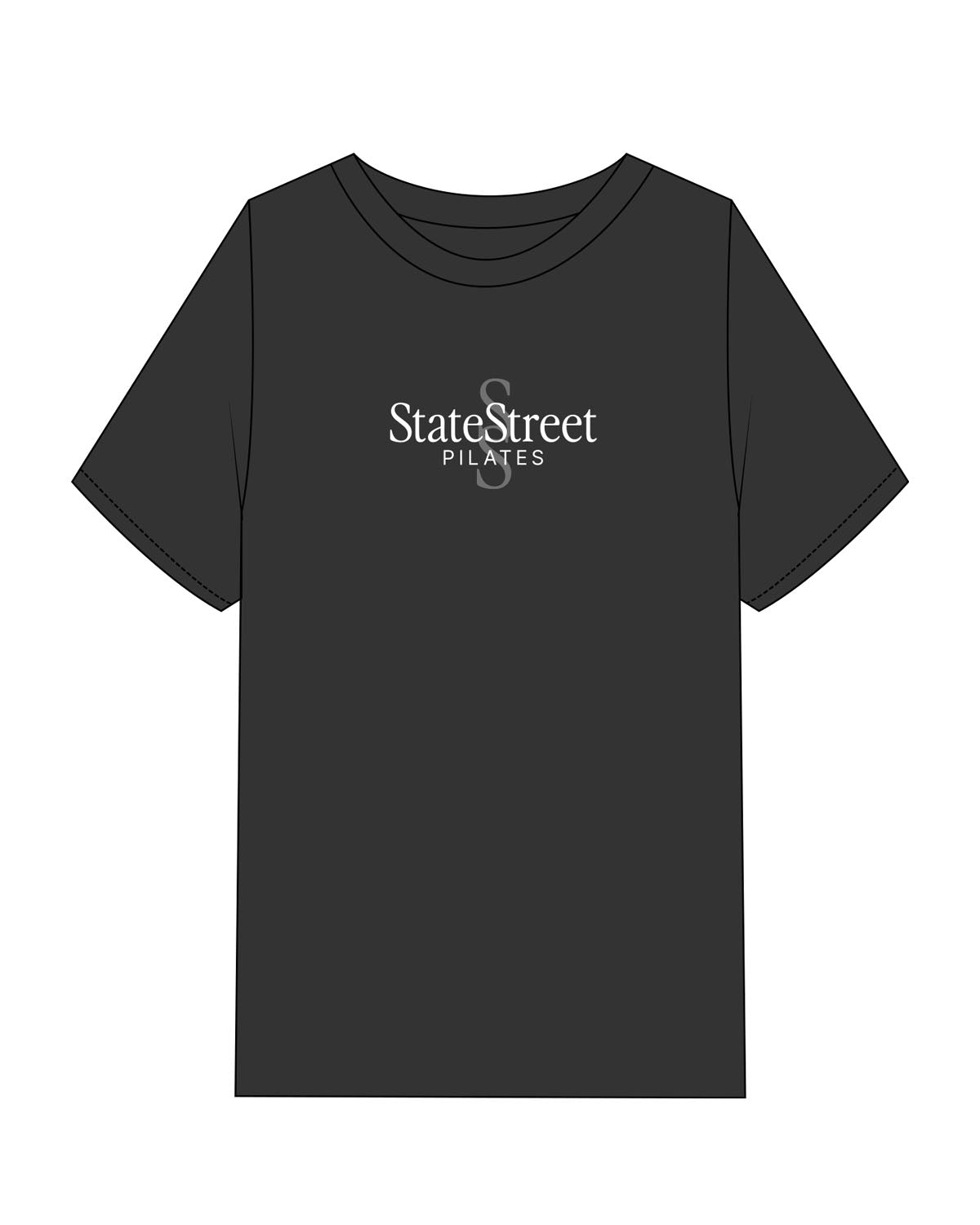 The Womens Heavyweight Tee - Washed Black - State Street - Center Chest Stacked - Printed - Full Color