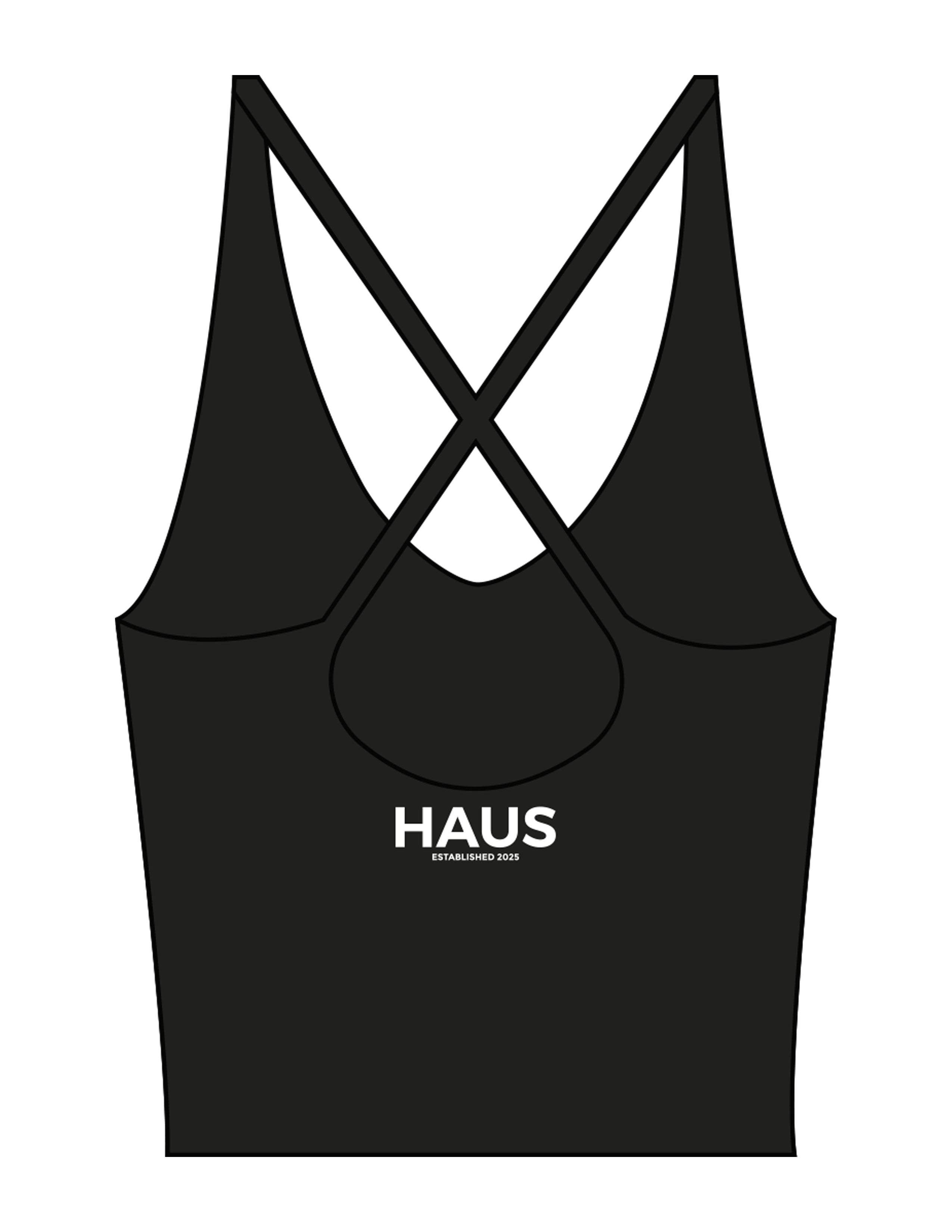 The Sporty Strappy Tank - Black - Haus of Fitness - Center Back Stacked - Printed - White