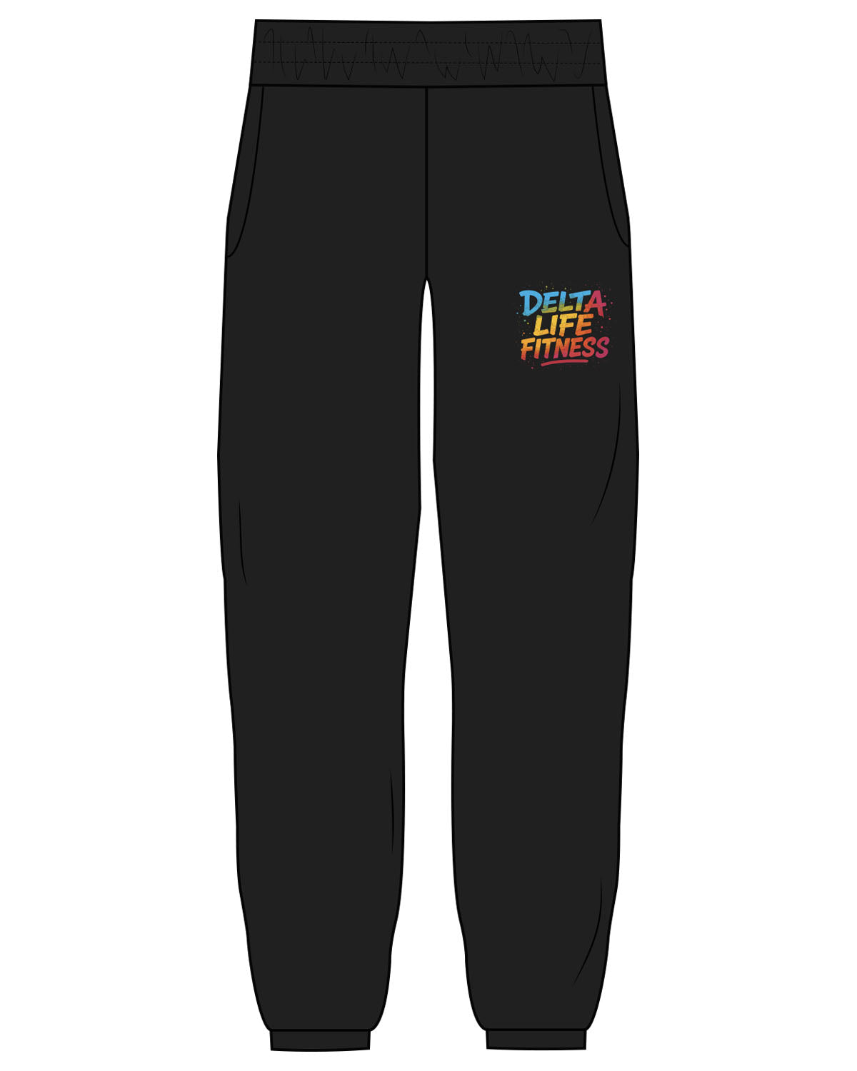 The Womens Sweatpants - Black - Delta Fitness - Left Leg Stacked - Printed - Full Color