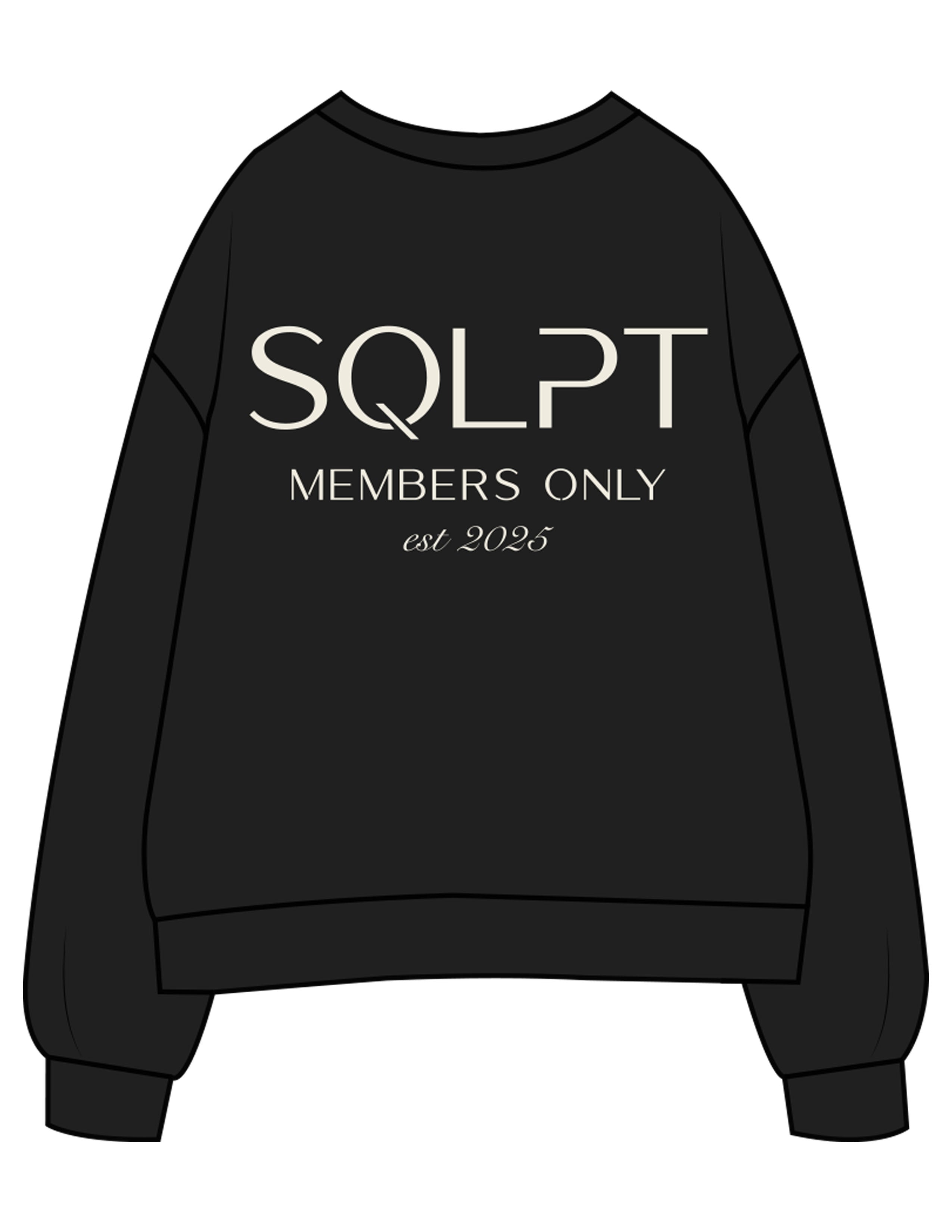 The Womens Crewneck - Black - SQLPT Pilates - Left Chest Embroidered & Back Stacked Printed - Off White