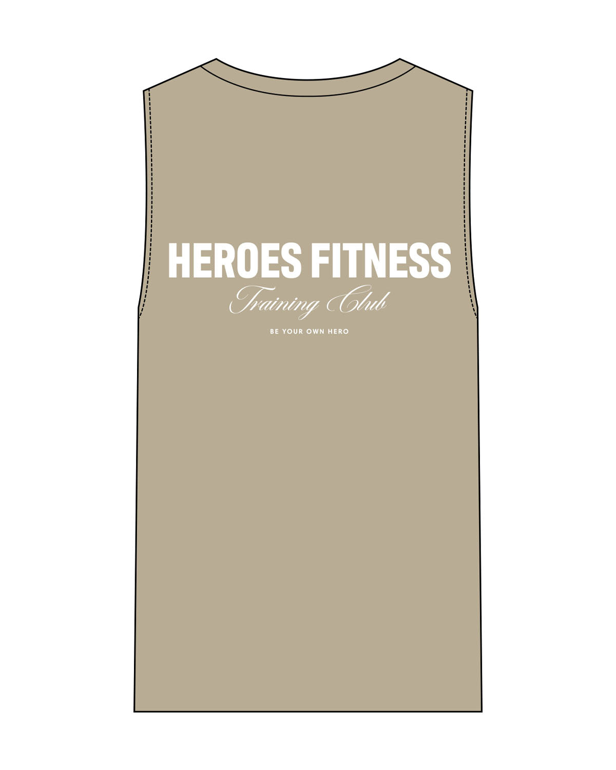The Mens Heavyweight Tank - Washed Khaki - Heroes Fitness - Left Chest Stacked & Back Stacked - Printed - Tone on Tone