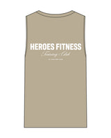 The Mens Heavyweight Tank - Washed Khaki - Heroes Fitness - Left Chest Stacked & Back Stacked - Printed - Tone on Tone