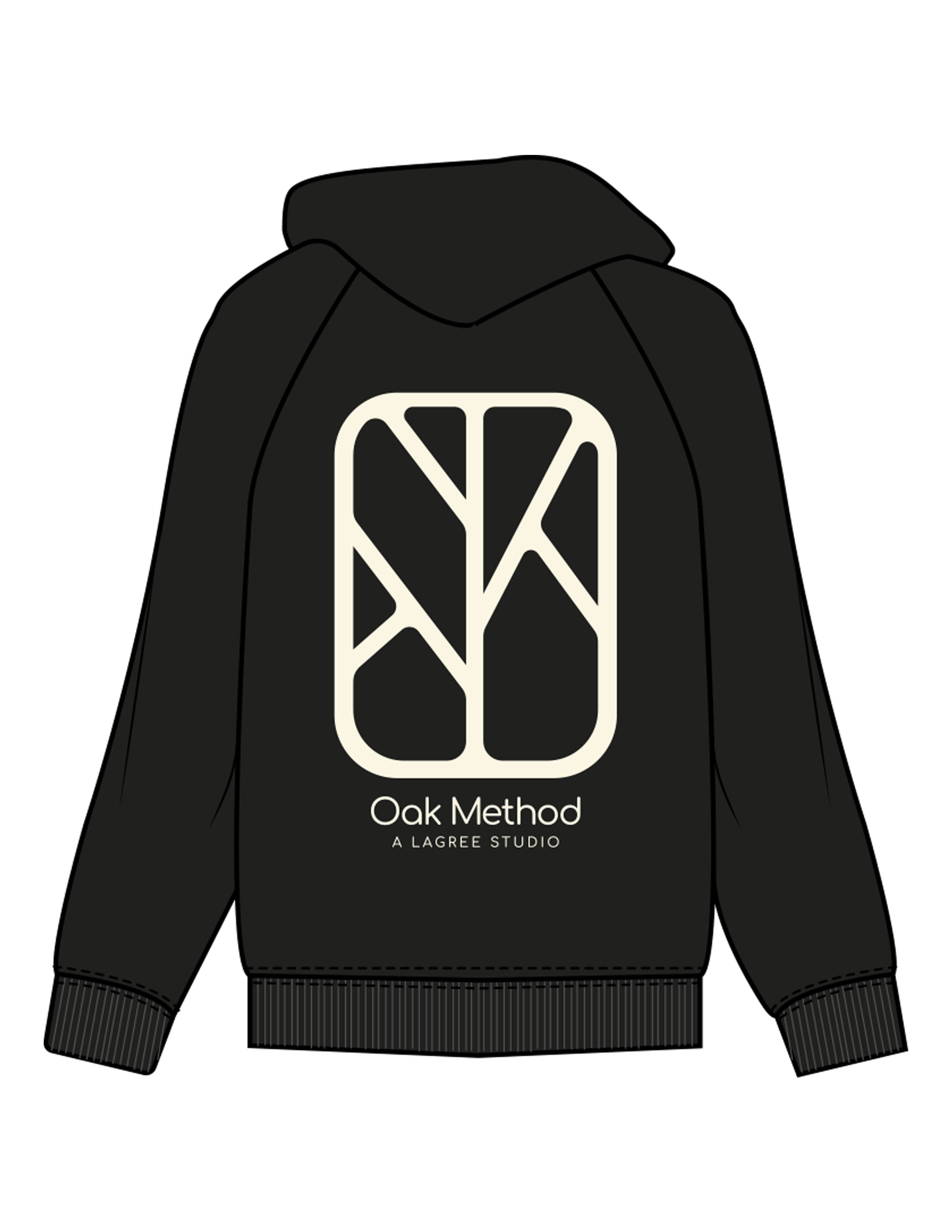 The Womens Zip Hoodie - Black - The Oak Method - Left Chest & Full Back - Printed - Cream