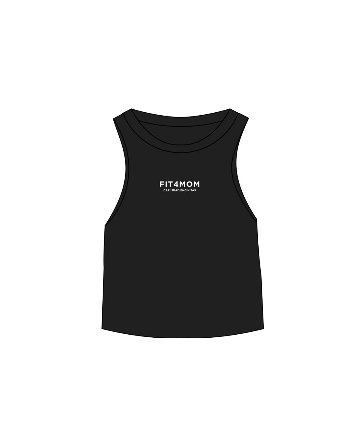 The Micro Rib Racer Crop - Black - Fit 4 Mom Carlsbad Encinitas - Center Chest Stacked " Carlsbad Encinitas " - Printed - White