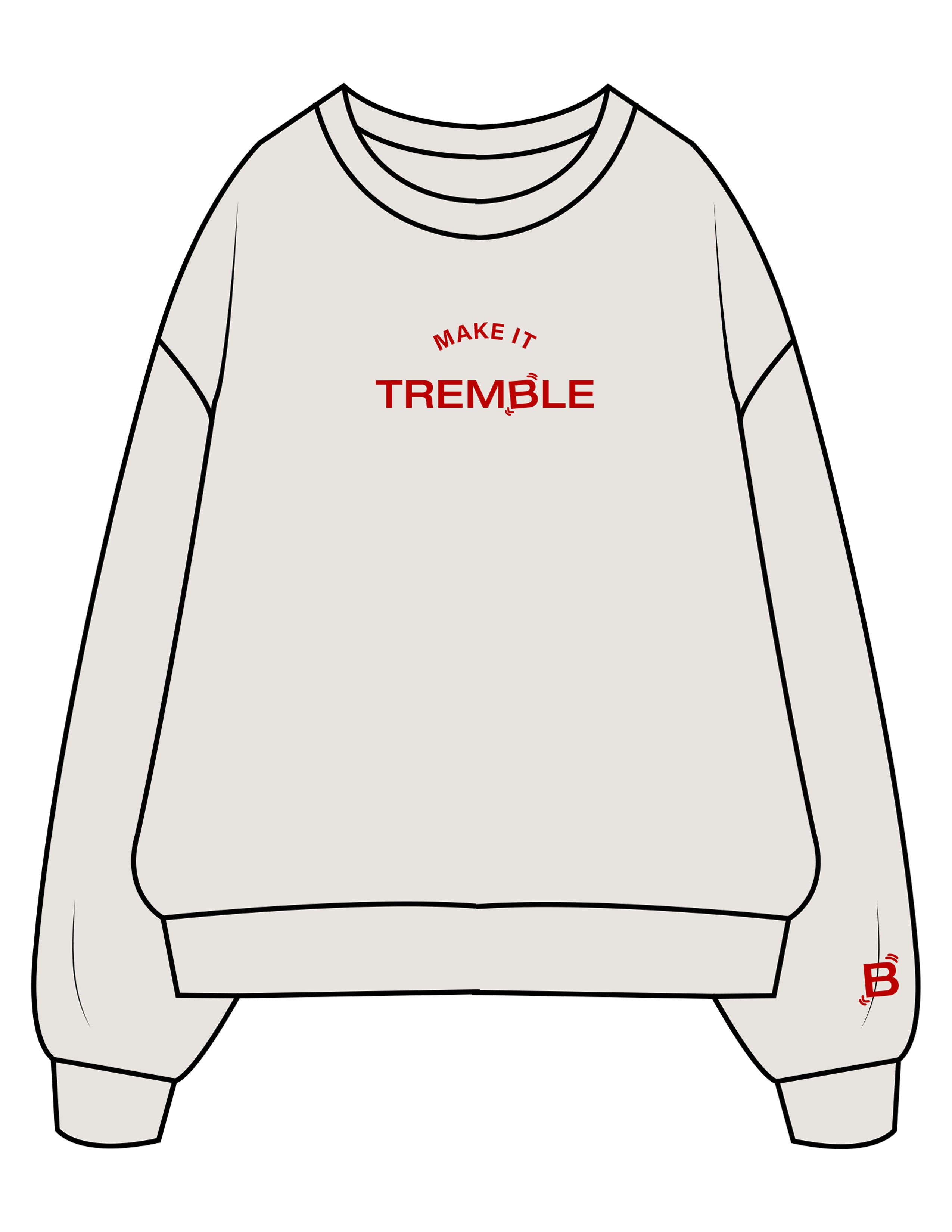 The Womens Crewneck - Washed Bone - Tremble - Center Chest Stacked Printed & Left Sleeve Embroidered - Cherry
