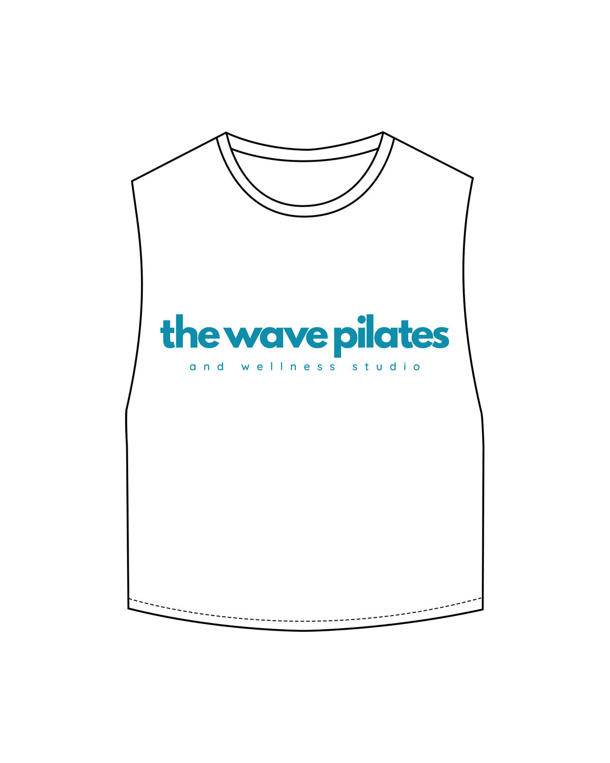 The Crop Muscle Tank - White - The Wave Pilates - Center Chest Stacked - Printed - Blue