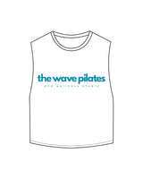 The Crop Muscle Tank - White - The Wave Pilates - Center Chest Stacked - Printed - Blue