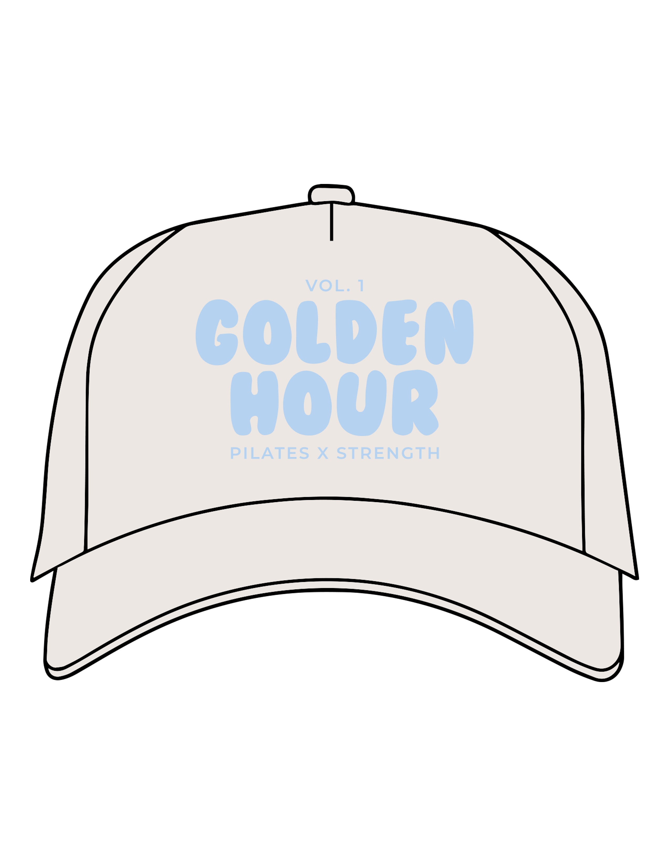The Canvas Cap - Bone - Golden Hour - Center Crown Stacked "PILATES X STRENGTH" - Printed - Baby Blue