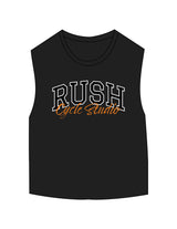 The Micro Rib Basic Crop Tank - Black - Rush Cycle Studio - Center Chest Stacked - Printed - Full Color