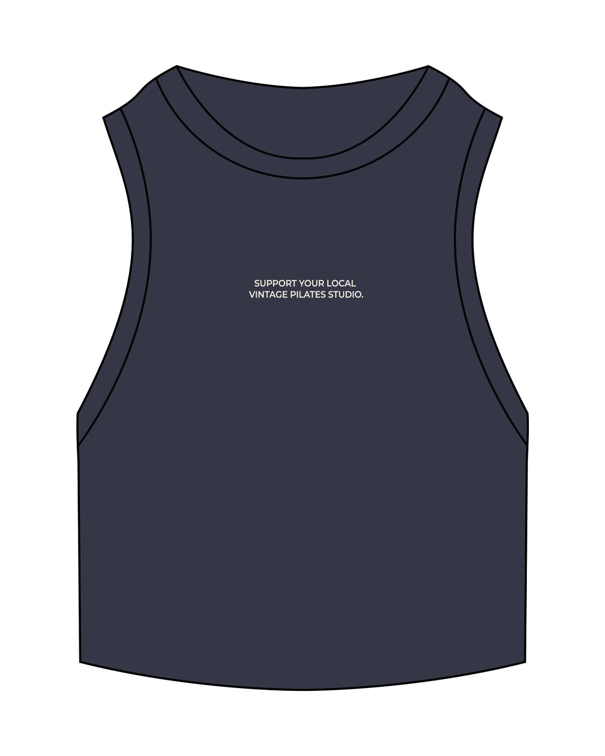 The Ribbed Crop Tank - Navy - Pilates Plus PB - Center Chest Stacked - Embroidered - Butter