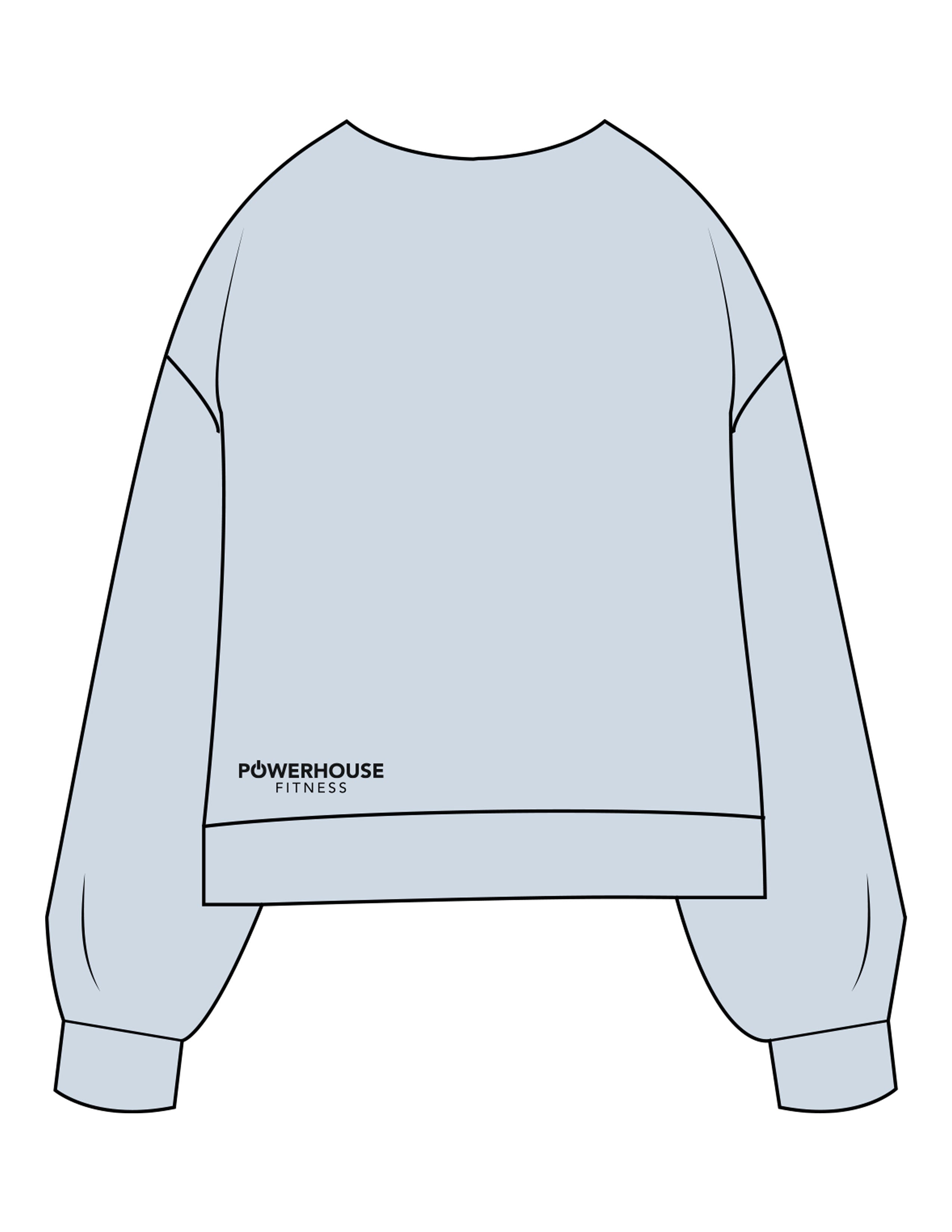 The Womens Sueded Crewneck - Denim Blue - Powerhouse Fitness - Center Chest Stacked & Back Stacked - Printed - Full Color