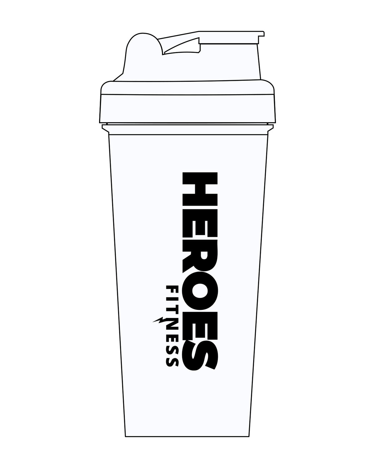 The Shaker Bottle - White - Heroes Fitness - Center Body Stacked - Printed - Black