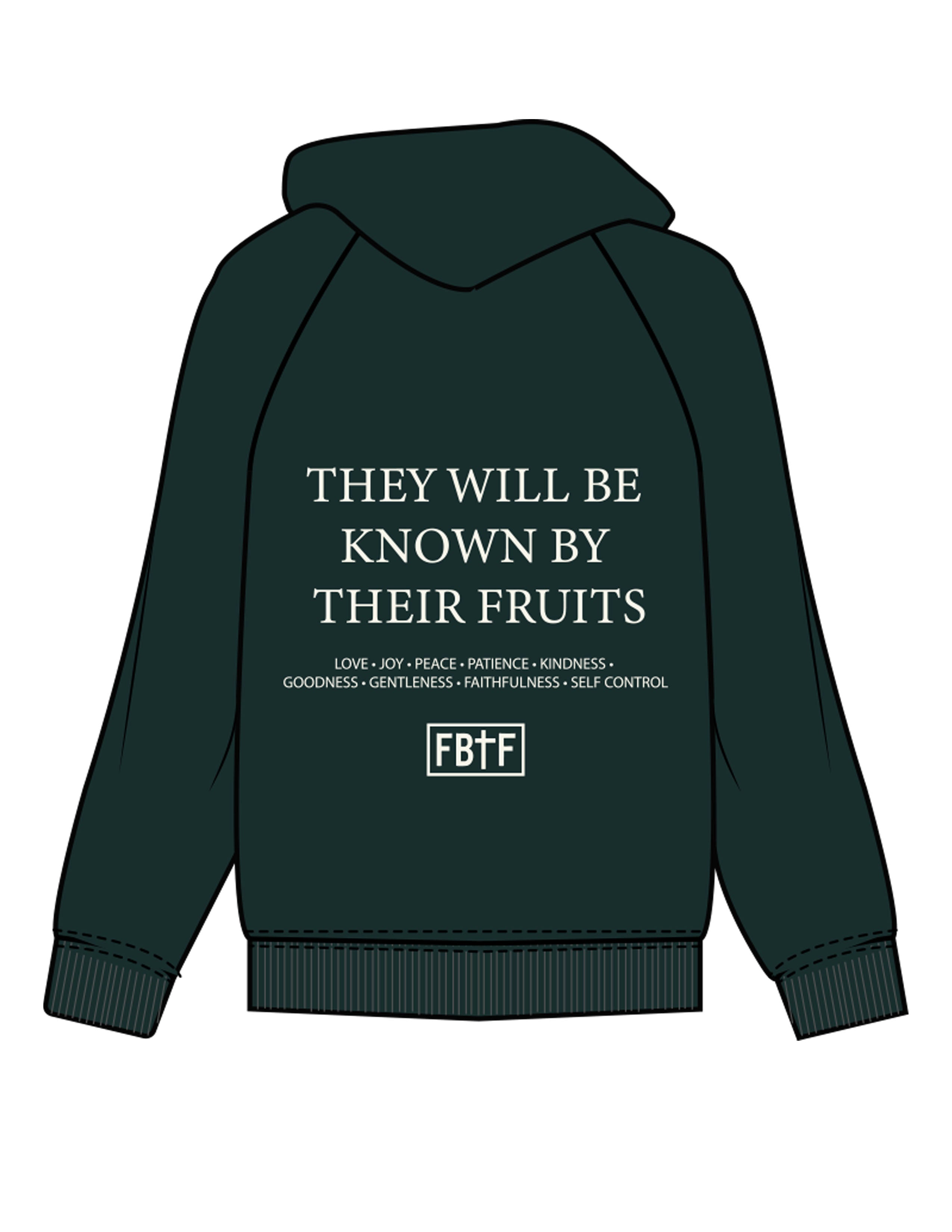 The Mens Classic Hoodie - Pine Green - Fed By The Fruit - Chest Stacked & Back Stacked - Printed - Off White