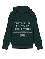 The Mens Classic Hoodie - Pine Green - Fed By The Fruit - Chest Stacked & Back Stacked - Printed - Off White