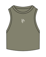 The Ribbed Crop Tank - Eucalyptus - Pose Pilates - Center Chest - "PP"- Embroidered - Off White