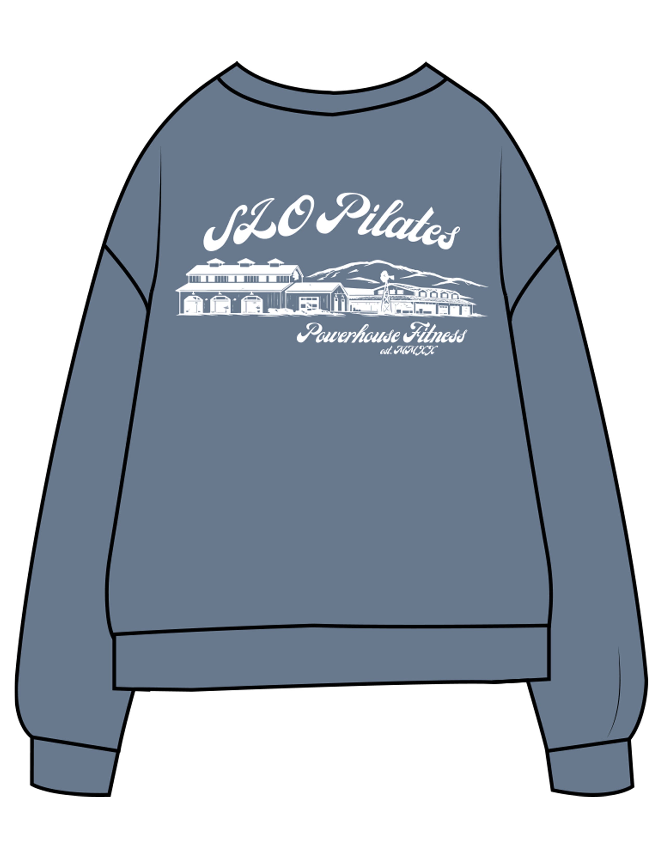 The Midweight Unisex Crewneck - Washed Slate - Powerhouse Fitness - Left Chest EMB & Back Stacked "PILATES" Printed - White