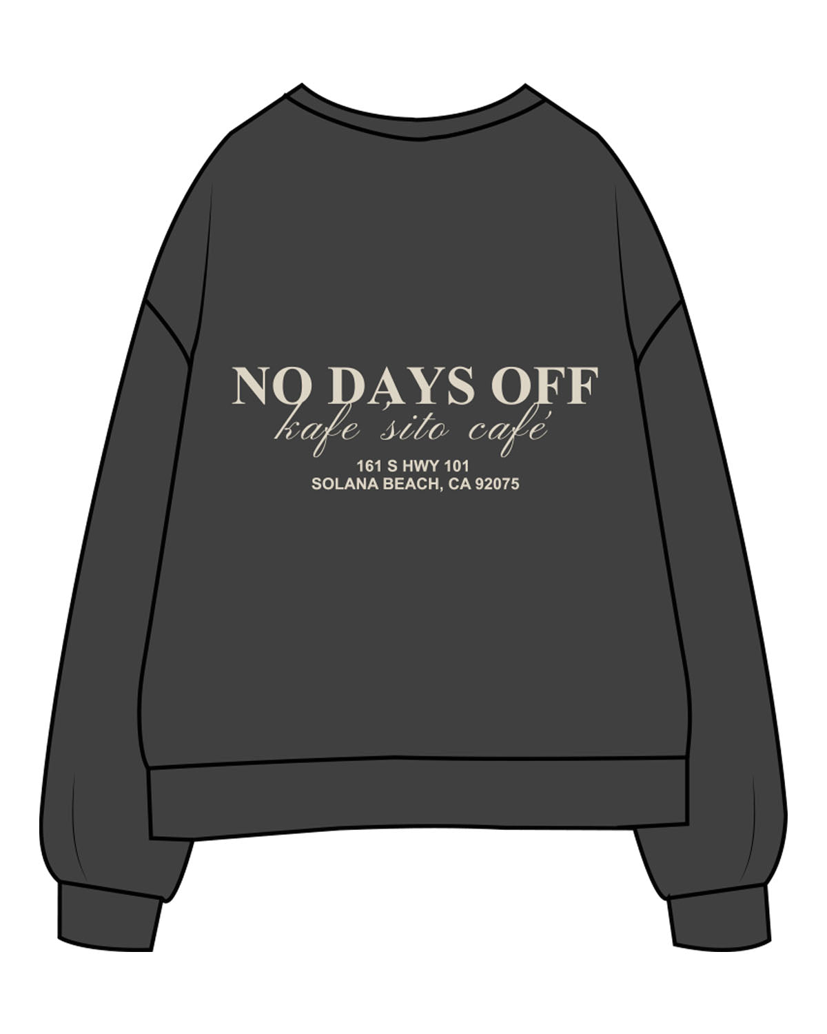 The Mens Classic Crewneck - Charcoal - Kafe'sito - Center Chest Side & Back - Printed - Off White