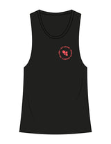 The Womens Racerback Tank - Black - Fit 4 Mom North County Inland - Left Chest Round & Back Stacked - Printed - Coral