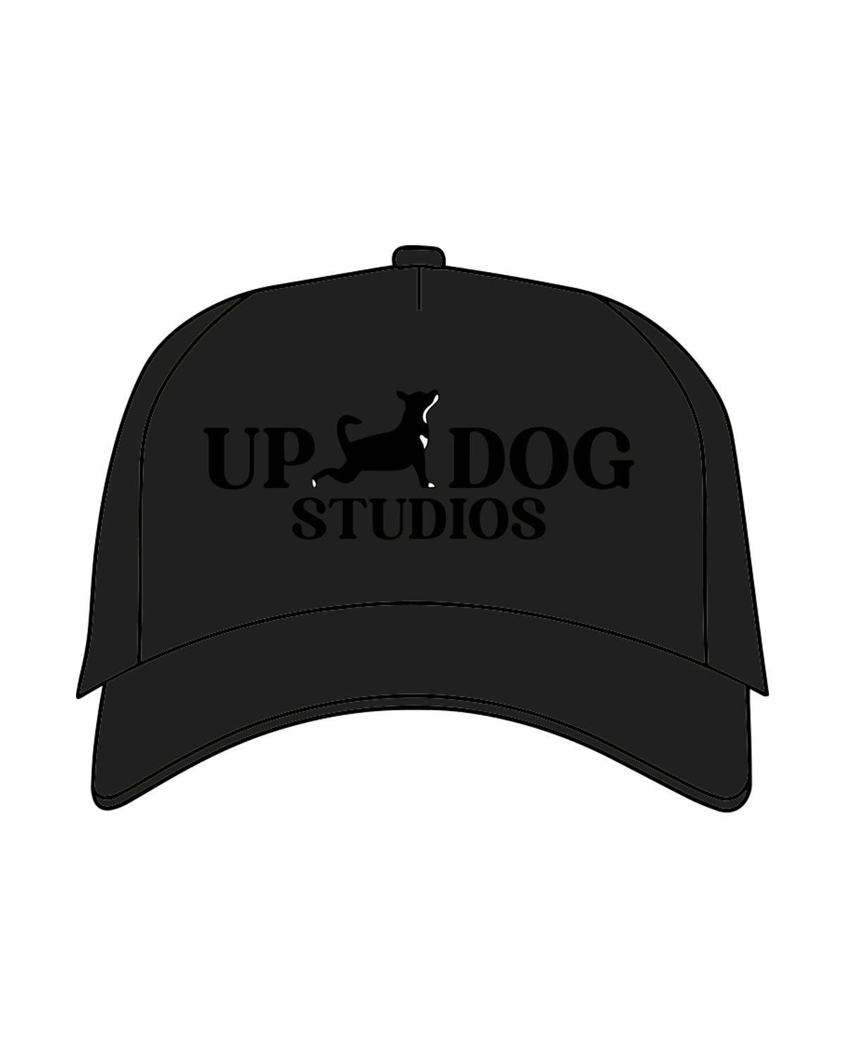 The 5 Panel Trucker Hat - Black - Updog Yoga - Front Center Stacked - Full Color
