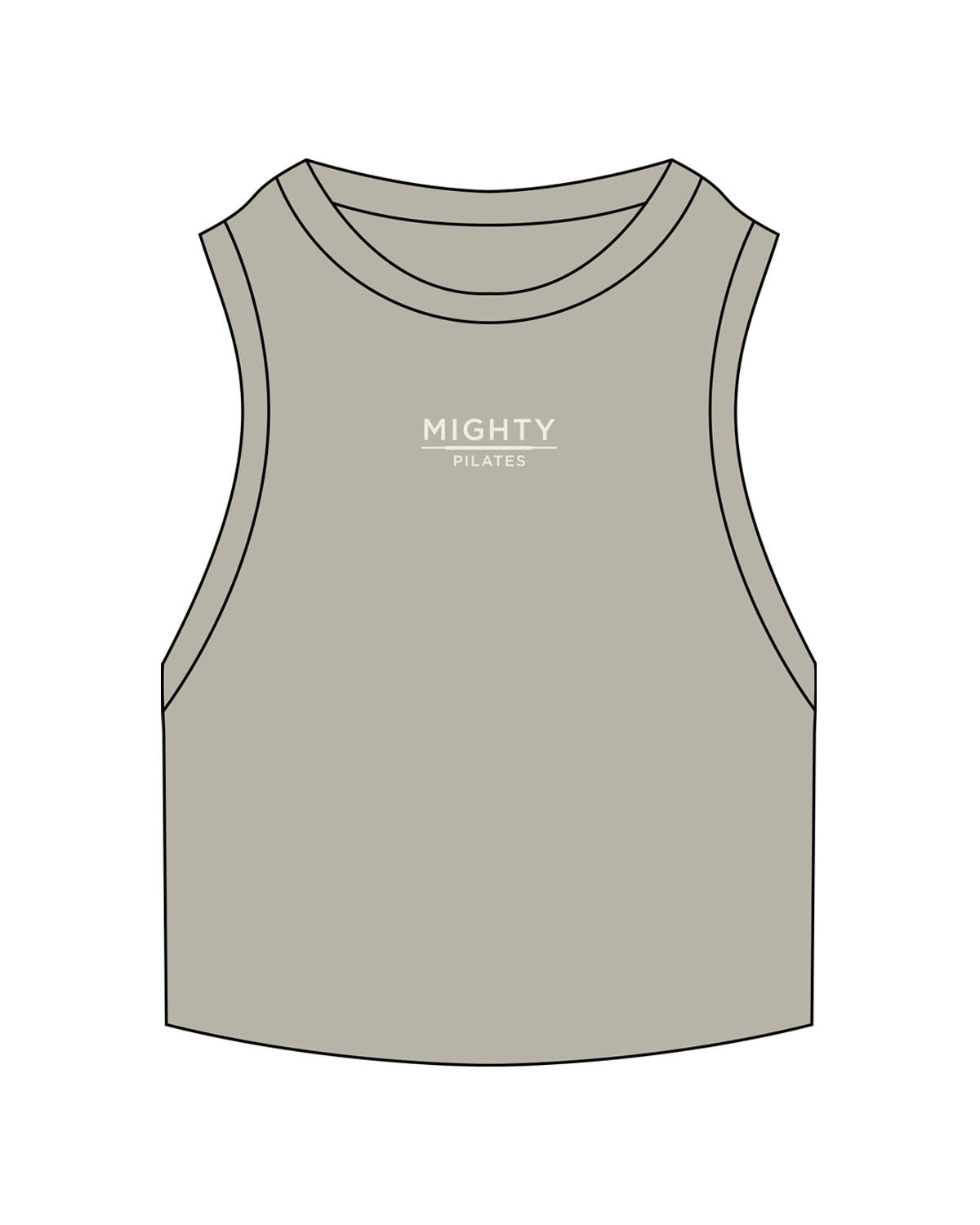 The Ribbed Crop Tank - Eucalyptus - Mighty Pilates - Center Chest Stacked - Embroidered - Off White