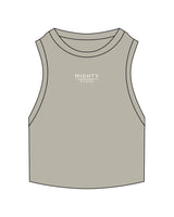 The Ribbed Crop Tank - Eucalyptus - Mighty Pilates - Center Chest Stacked - Embroidered - Off White