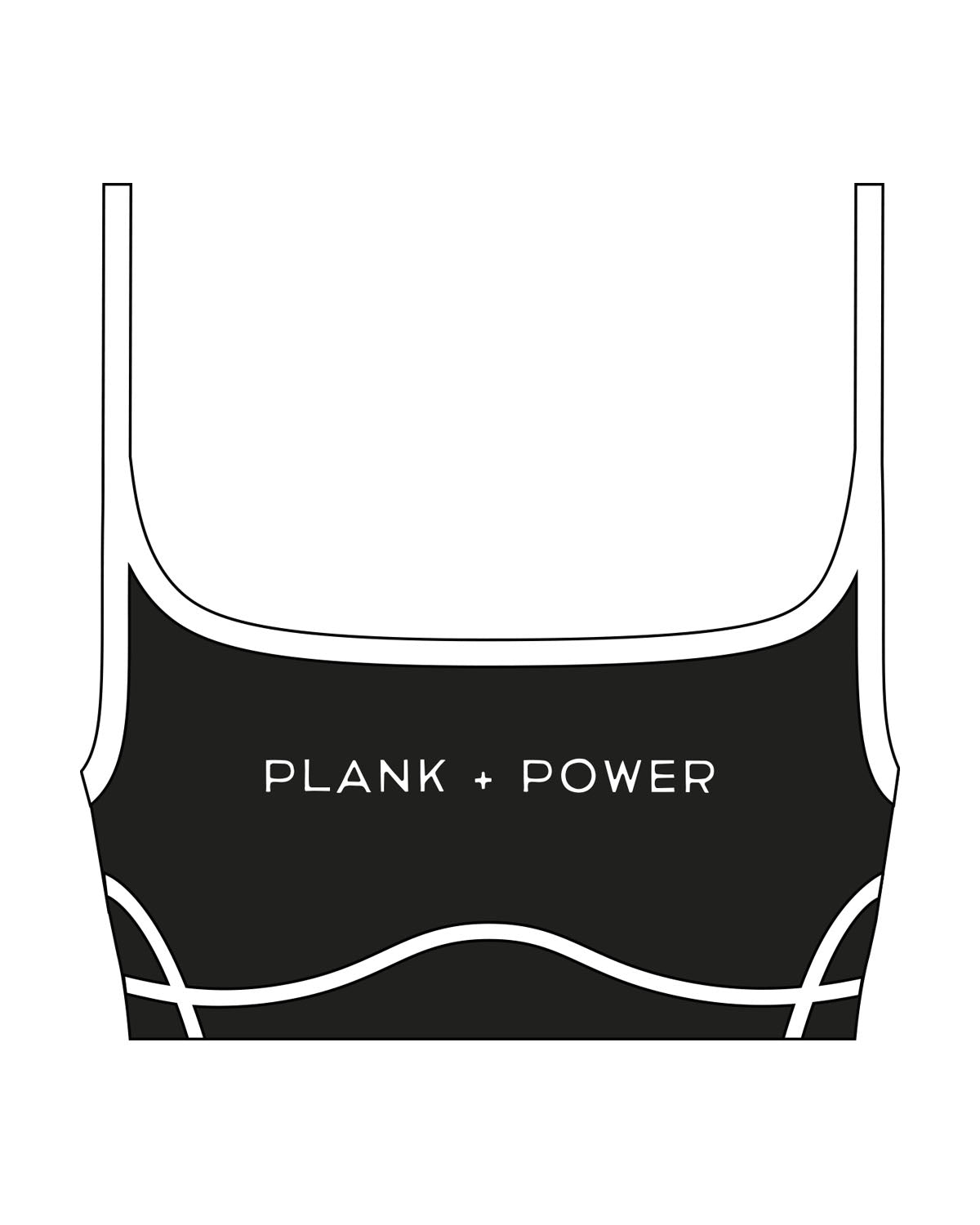 The Piped Scoop Sports Bra - Black - Plank + Power - Chest Center - Printed - White