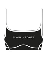 The Piped Scoop Sports Bra - Black - Plank + Power - Chest Center - Printed - White