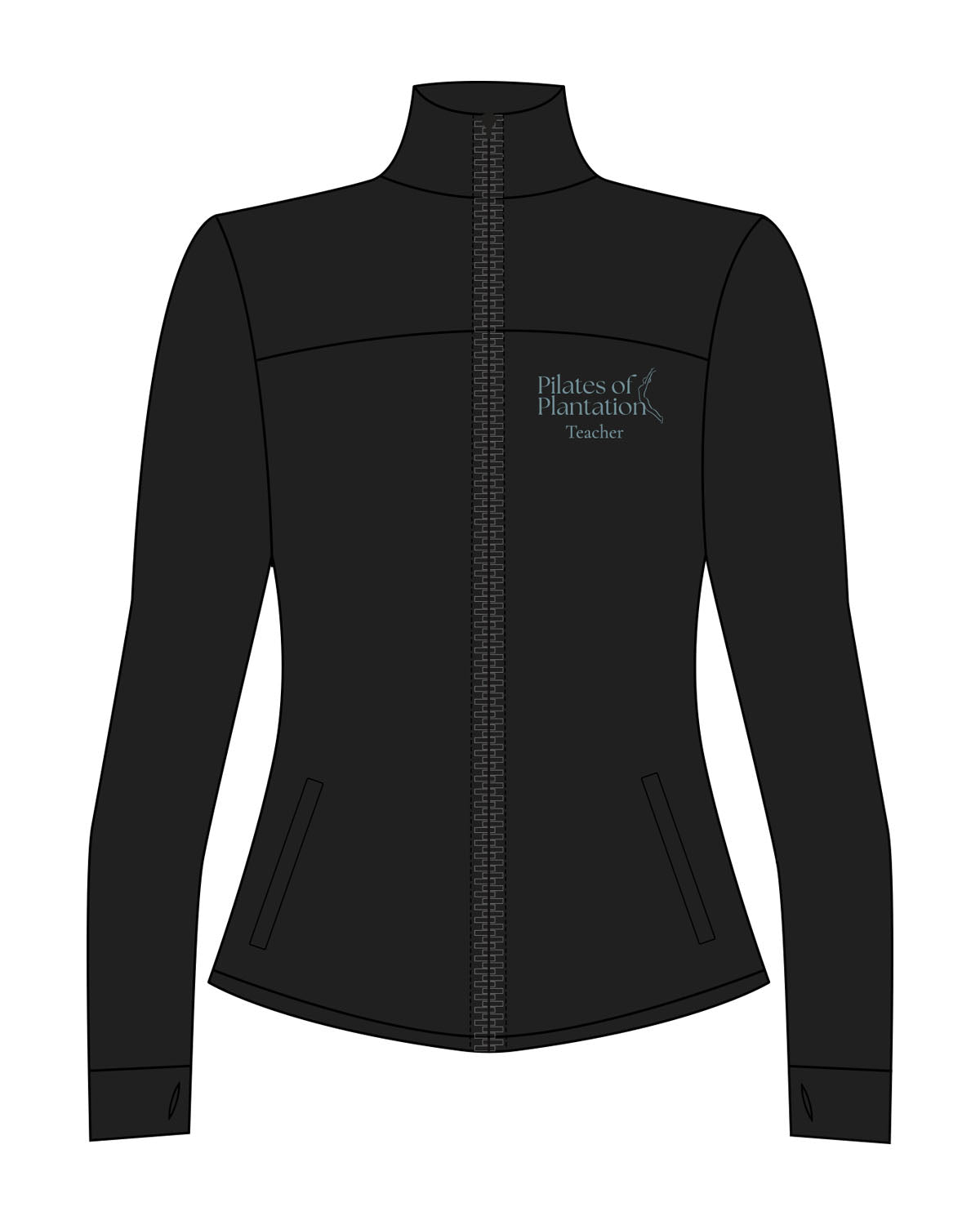 The Womens Zip Jacket - Black - Pilates of Plantation - Left Chest Stacked - "Teacher" - Printed - Blue