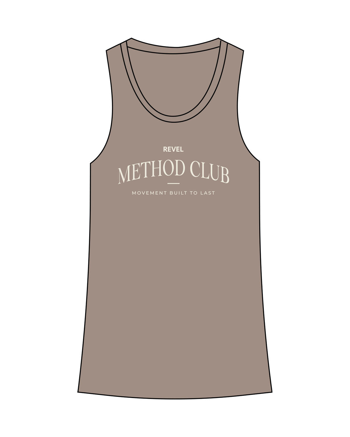 The Womens Full Length Tank - Warm Gray - Revel Method- Center Chest Stacked - Back Neckline - Printed - OffWhite