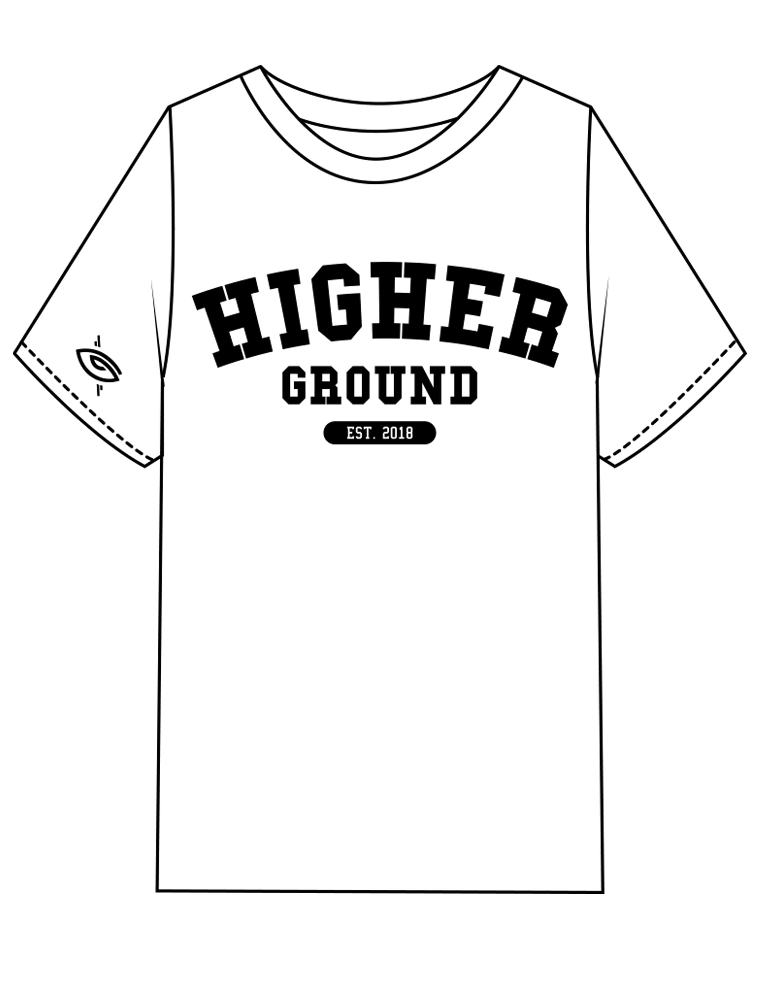 The Womens Heavyweight Tee - White - Higher Ground - Center Chest Stacked & Right Sleeve - Printed - Black