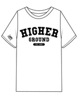 The Womens Heavyweight Tee - White - Higher Ground - Center Chest Stacked & Right Sleeve - Printed - Black