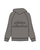 The Womens Zip Hoodie - Washed Gray - Pilates Collective - Left Chest PC & Center Back Stacked - Printed - Tone on Tone